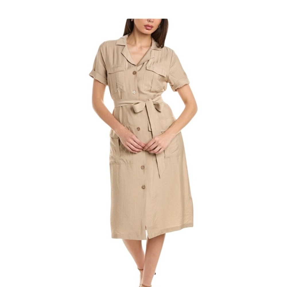 Ellen Tracy Shirt Dress Women Size L Tan Safari Utility Midi Button Front Belted